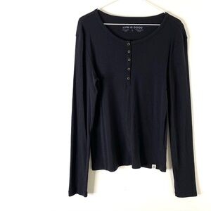 Life Is Good Black Scoop Neck Henley Long Sleeve Tee Cotton Modal